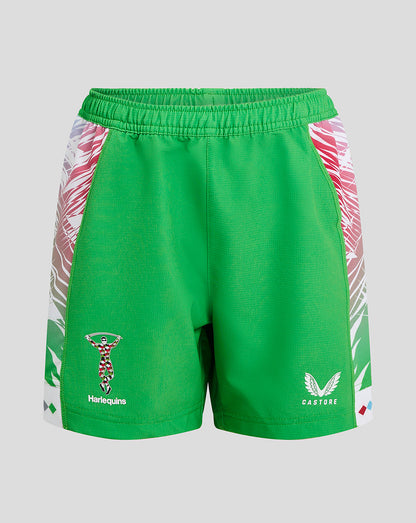 Green Harlequins junior away shorts with patterned side panels and crest on the left leg.
