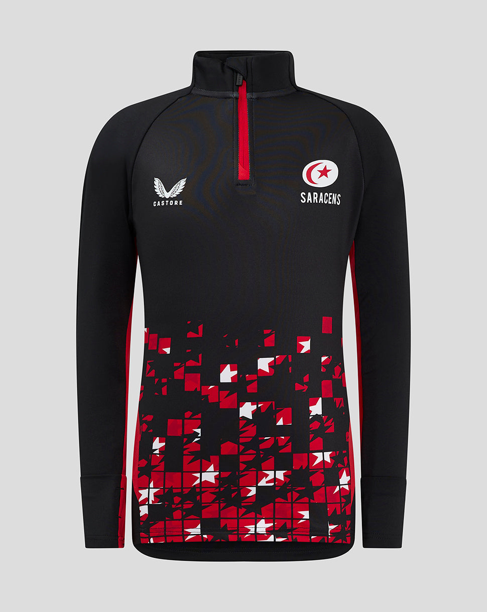 Saracens Junior 24/25 Matchday zip top in black with red zipper and crest on chest