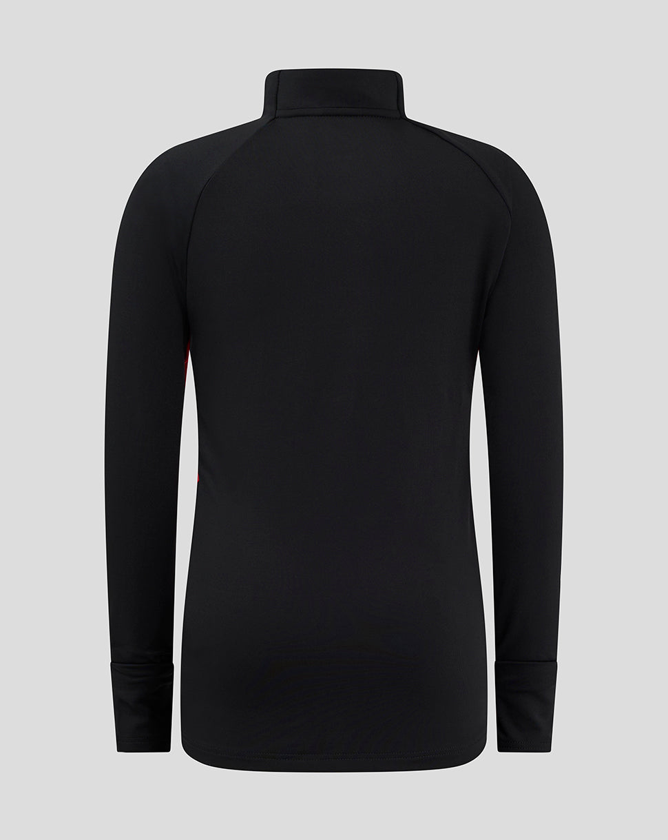 Back view of a black long sleeve quarter zip top with high collar