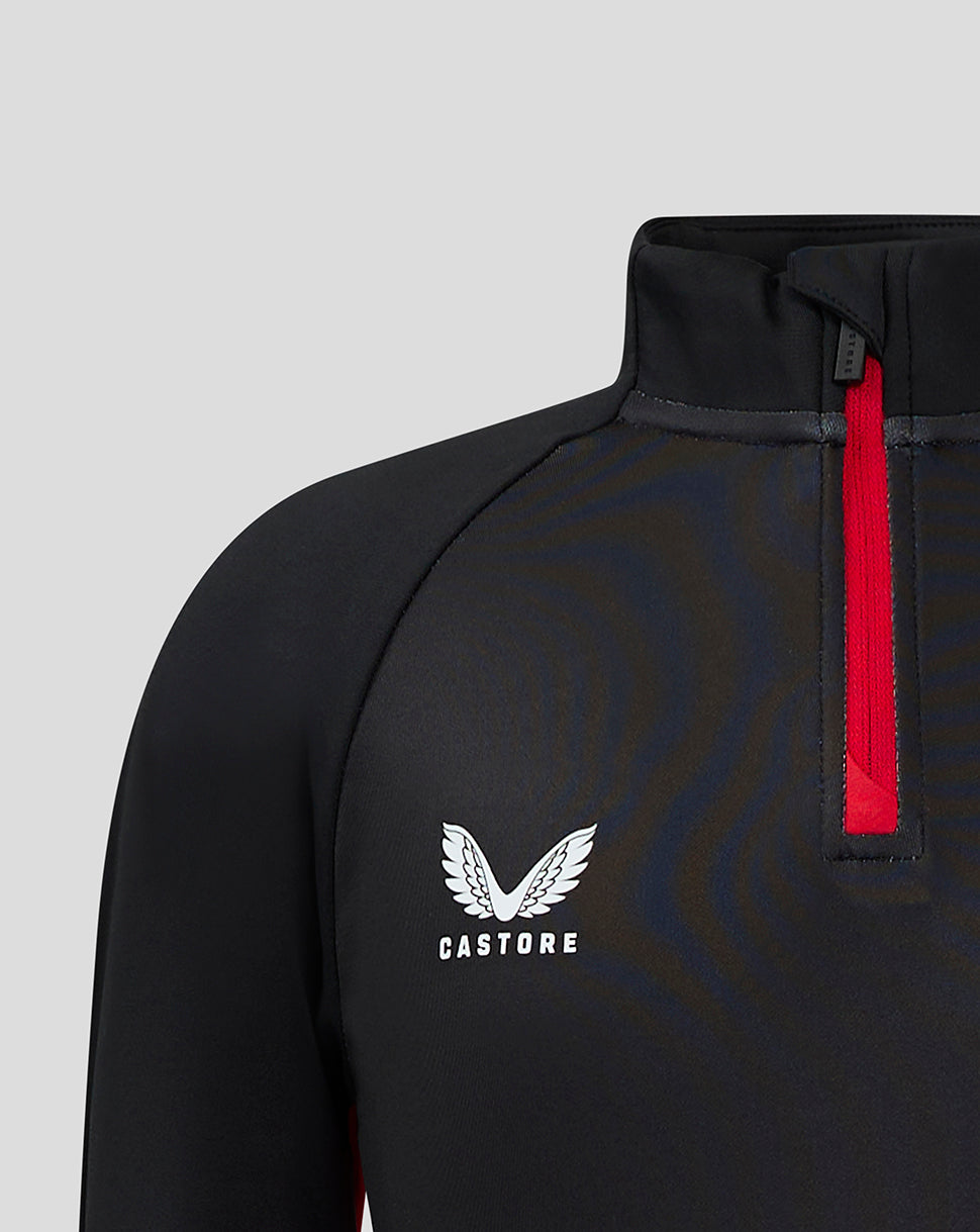 Castore logo on the left chest with a red zipper on a black matchday top