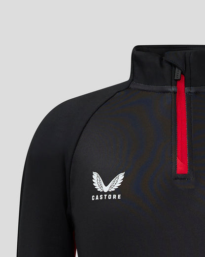 Castore logo on the left chest with a red zipper on a black matchday top