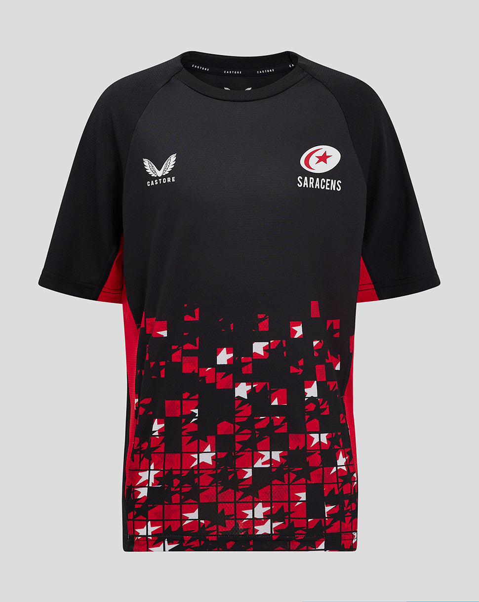 Front view of Saracens Junior 24/25 Matchday tee in black with red panels and pixelated hem pattern, showing the Saracens crest and Castore logo.