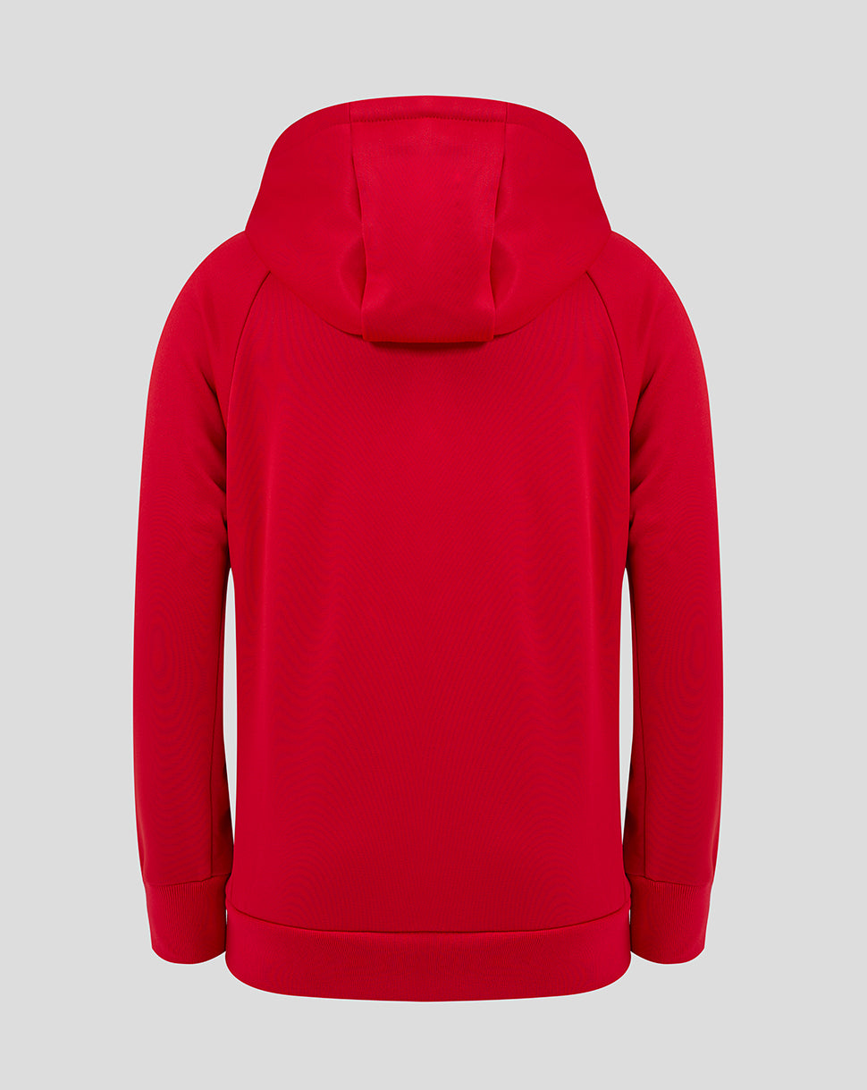 Back view of red Scarlets pro players hoody with hood up and neckline tag visible.