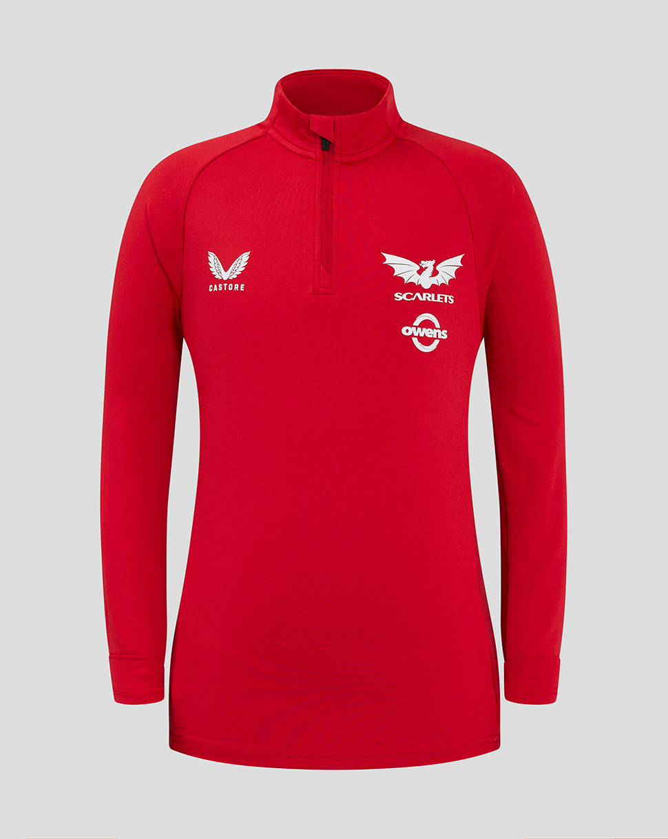 Red Scarlets junior quarter-zip midlayer with funnel neck and white Scarlets crest Castore logo and Owens emblem on the chest.