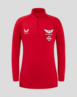 Red Scarlets junior quarter-zip midlayer with funnel neck and white Scarlets crest Castore logo and Owens emblem on the chest.