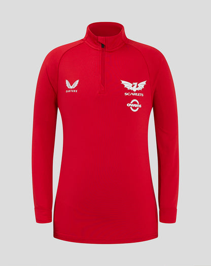 Red Scarlets junior quarter-zip midlayer with funnel neck and white Scarlets crest Castore logo and Owens emblem on the chest.