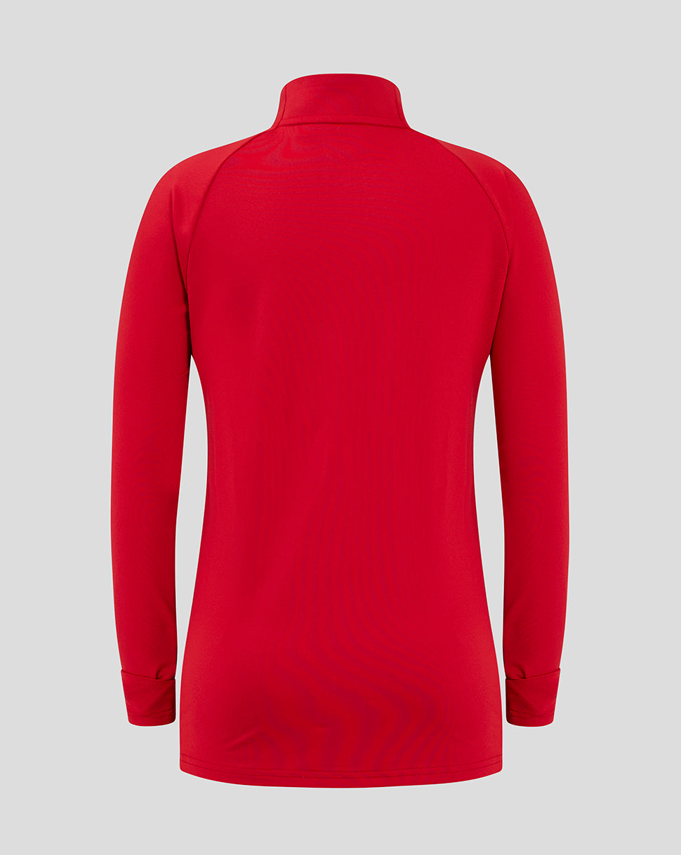 Rear view of red Scarlets junior long sleeve midlayer with funnel neck and clean back.