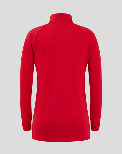 Rear view of red Scarlets junior long sleeve midlayer with funnel neck and clean back.