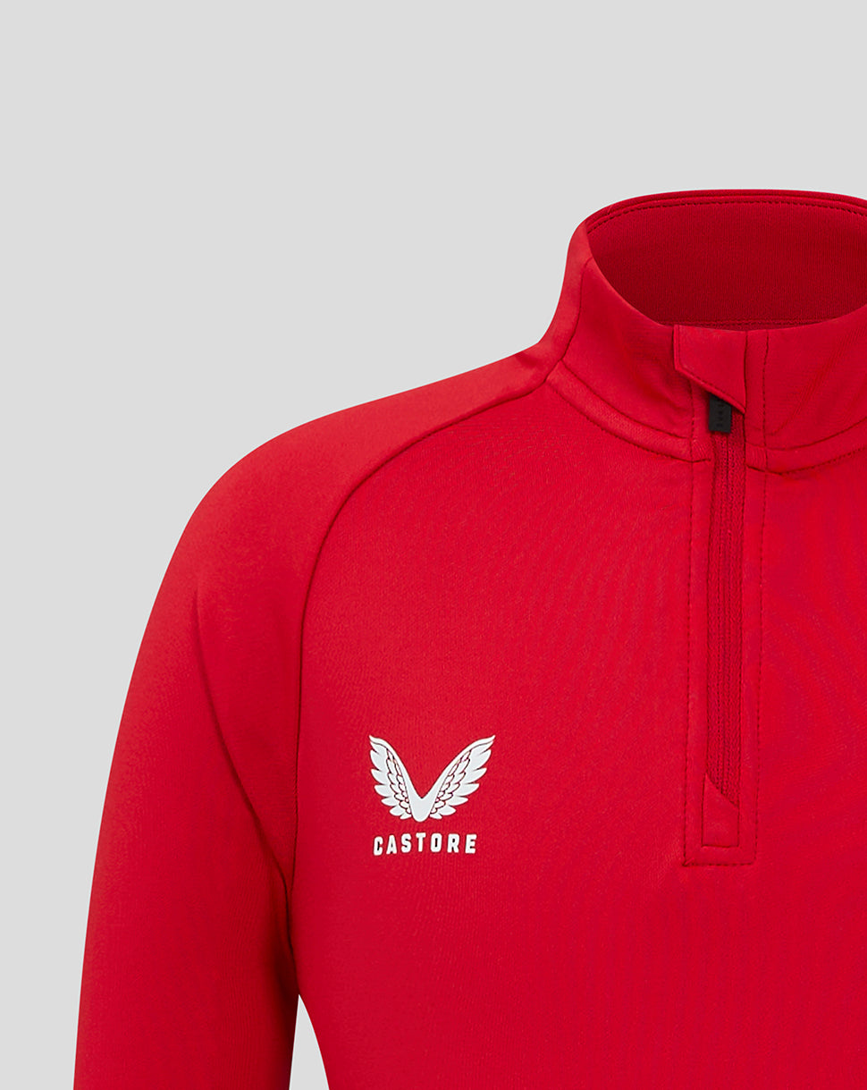 Red Scarlets Pro Players long sleeve quarter zip midlayer close up showing funnel neck and Castore logo on left chest