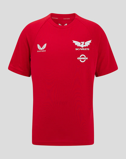 Red Scarlets youth Pro Players short sleeve T shirt front view with Scarlets crest center and Castore and Owens logos on the chest