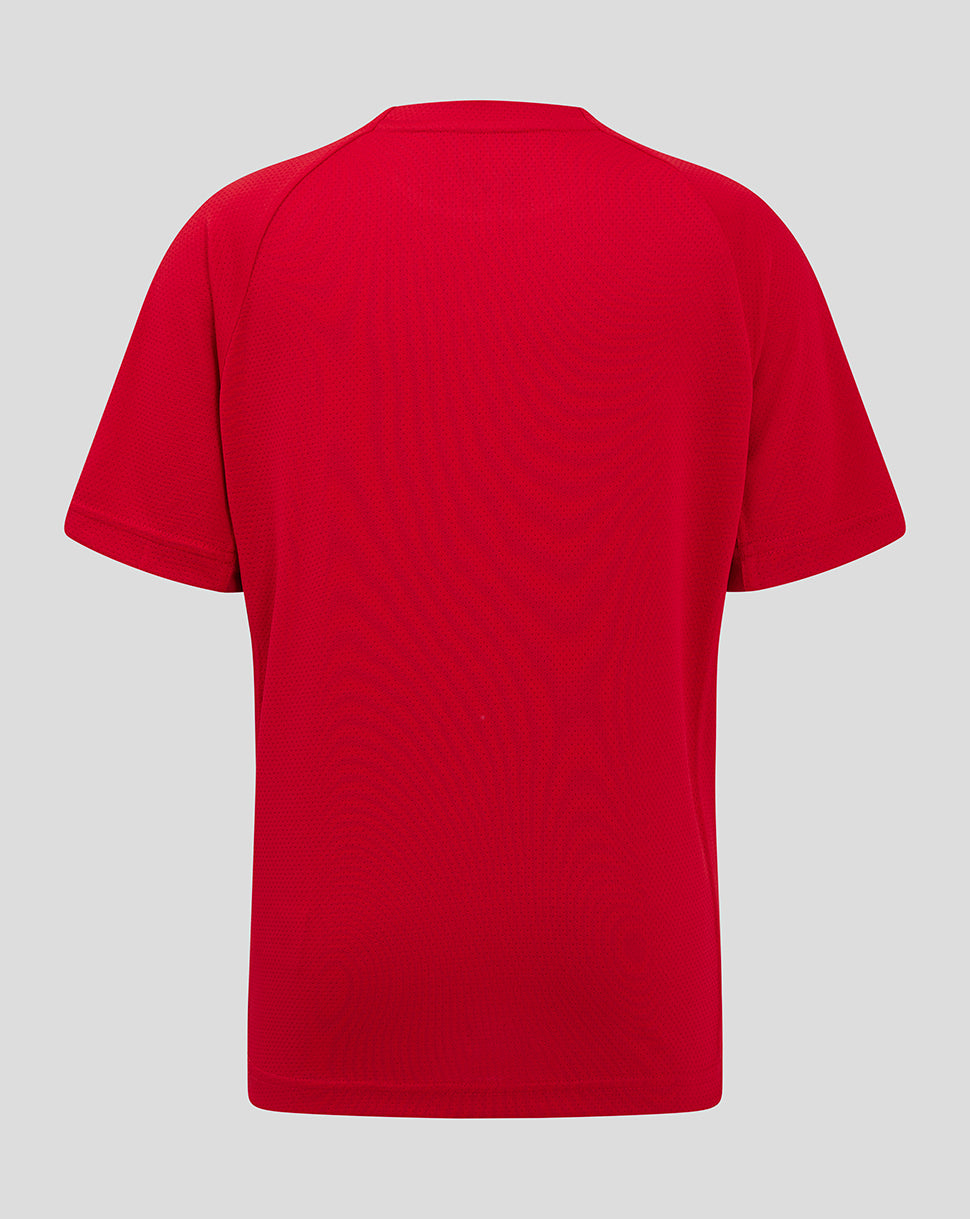 Red Scarlets youth T shirt back view showing plain red fabric with clean hem