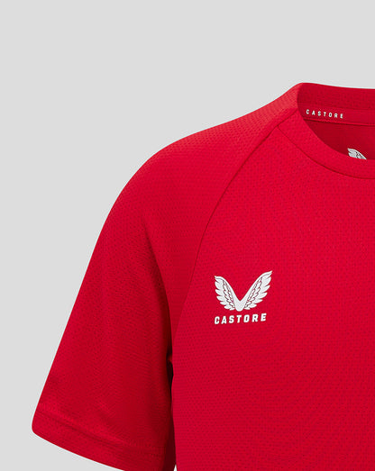 Red Scarlets Junior 24/25 Pro Players T Shirt close up showing textured mesh fabric and left chest crest