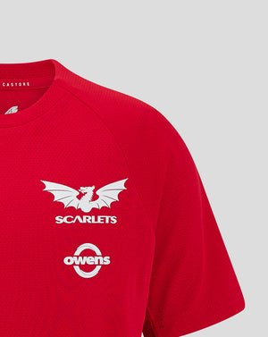 Red Scarlets youth Pro Players short sleeve T shirt front view featuring Scarlets crest on the chest and visible Owens sponsor