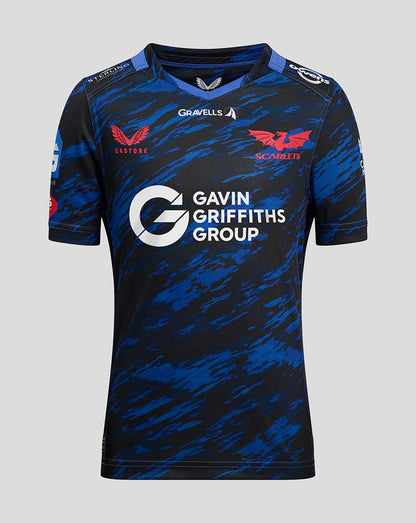 Youth Scarlets away shirt front with blue camo pattern and Gavin Griffiths Group sponsor logo.