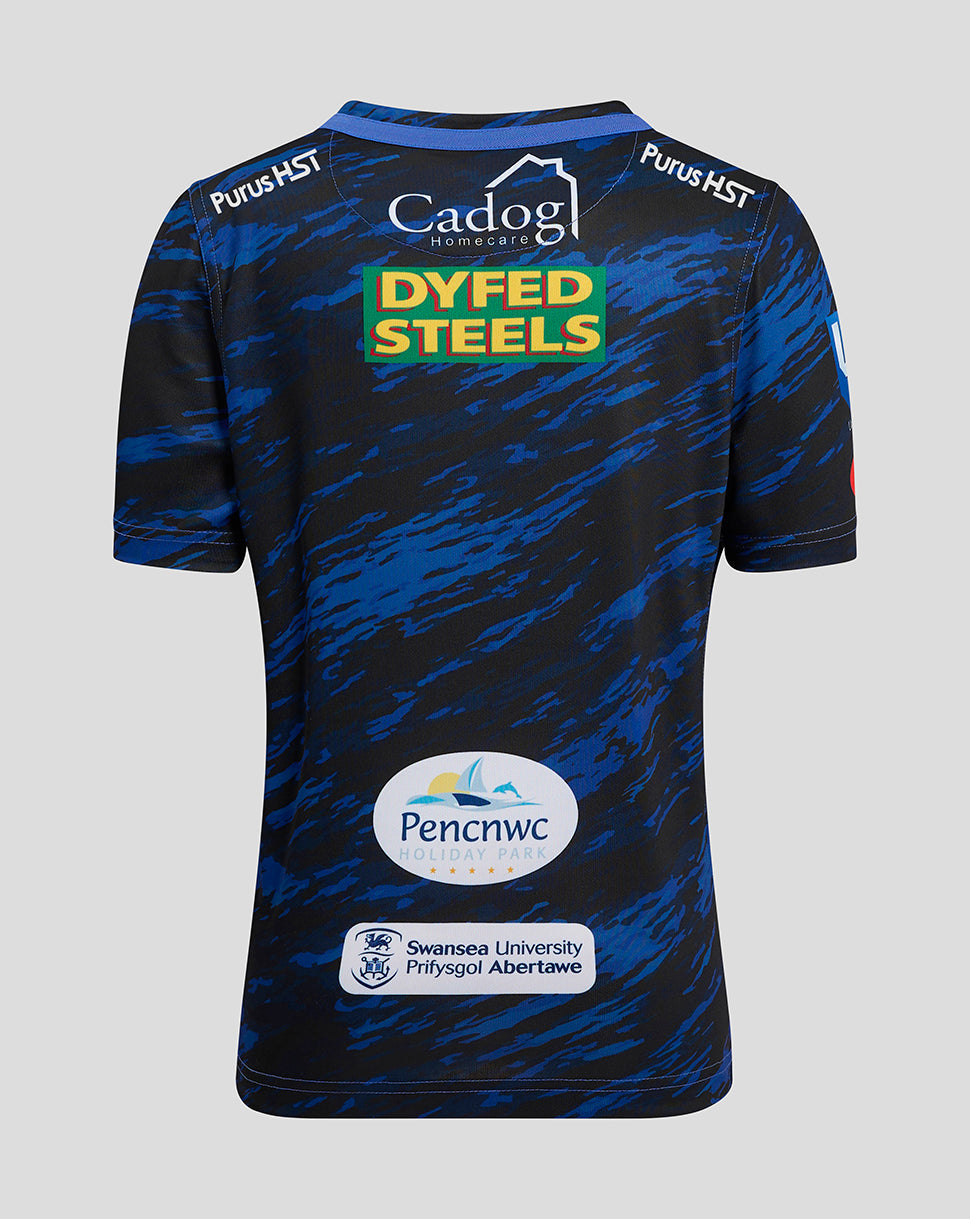 Back view of Scarlets Junior Away shirt in blue camouflage with all over print and sponsor logos