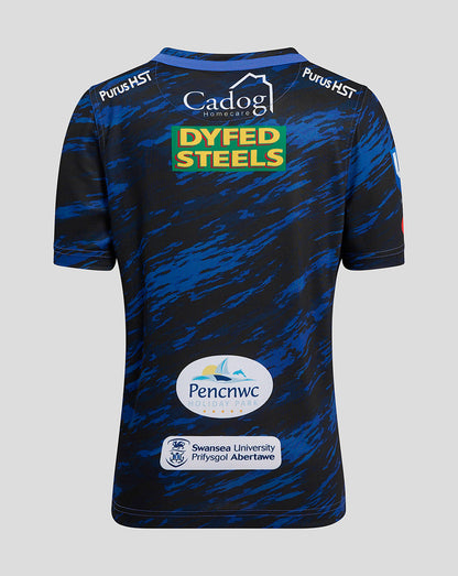 Back view of Scarlets Junior Away shirt in blue camouflage with all over print and sponsor logos