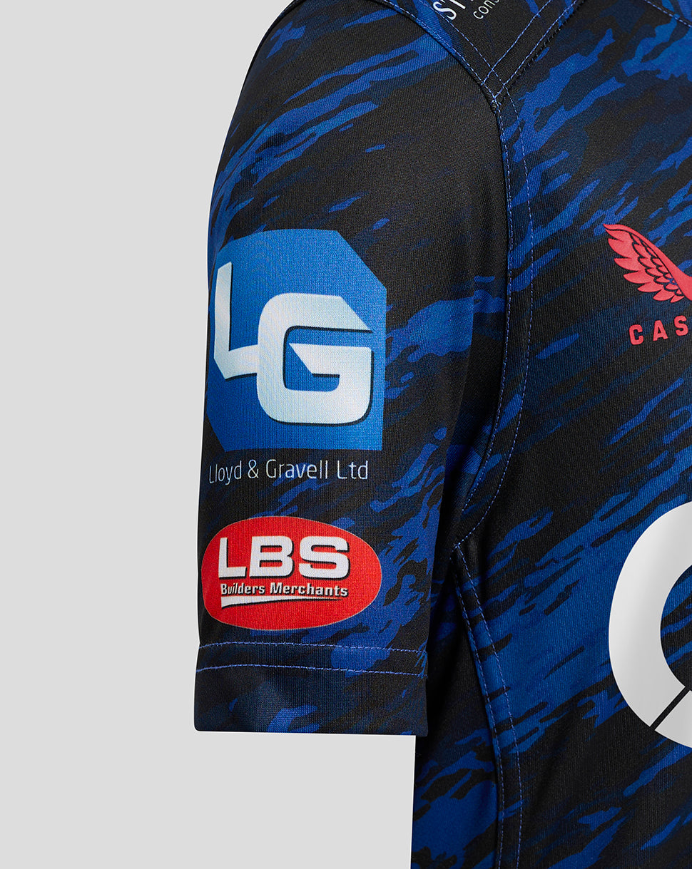 Scarlets junior away shirt sleeve close up with blue camouflage pattern and sponsor logos Lloyd & Gravell Ltd and LBS Builders Merchants