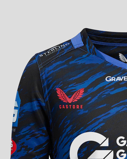 Shoulder close-up of Scarlets Away shirt showing Sterling Construction patch on blue camo fabric