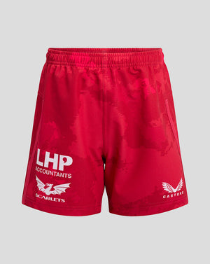 Red Scarlets junior home shorts featuring LHP Accountants logo and Scarlets dragon emblem