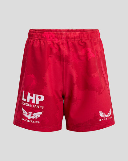 Red Scarlets junior home shorts featuring LHP Accountants logo and Scarlets dragon emblem