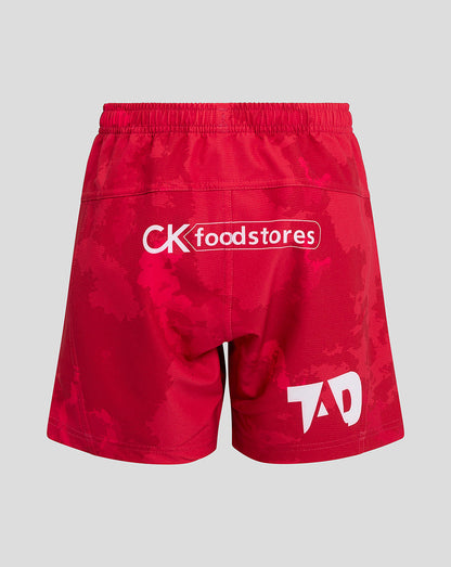 Back view of red Scarlets junior home shorts with CK foodstores logo across the back and sponsor graphic