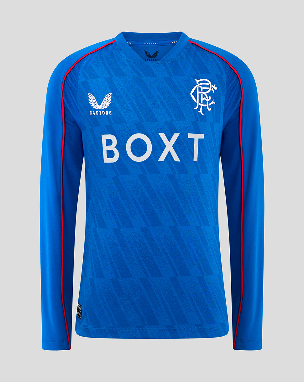 Blue Rangers Junior Home Long Sleeve shirt with diagonal pattern, white crest left chest, Castore right chest, large BOXT logo across front, red piping along sleeves