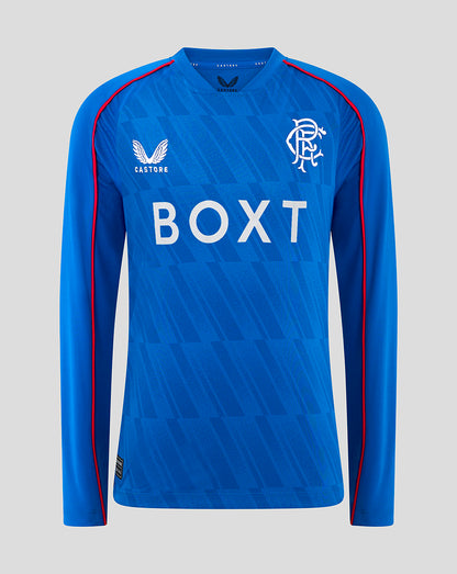 Blue Rangers Junior Home Long Sleeve shirt with diagonal pattern, white crest left chest, Castore right chest, large BOXT logo across front, red piping along sleeves