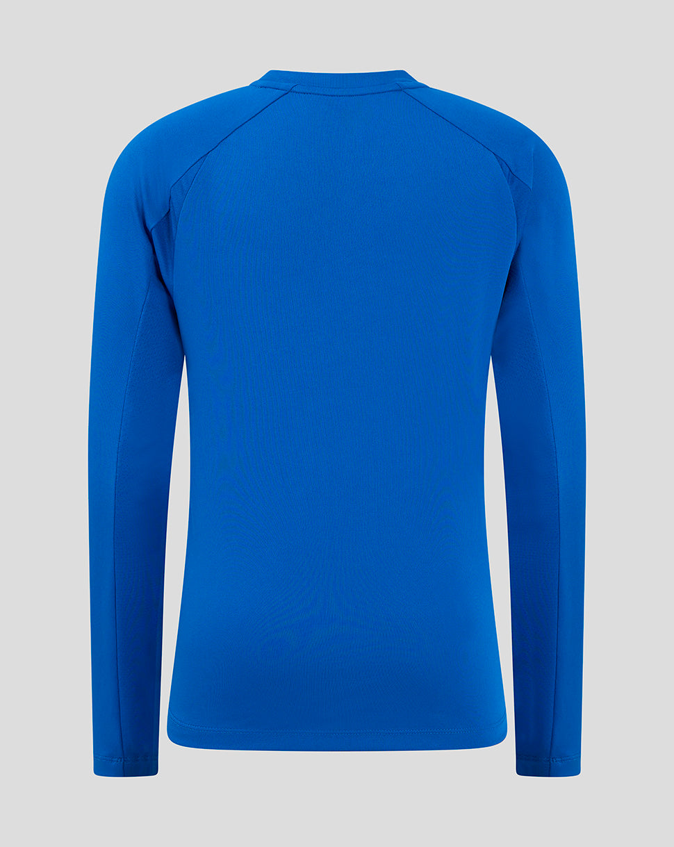 Back view of blue Rangers Junior Home Long Sleeve shirt showing solid blue back and raglan shoulder seams