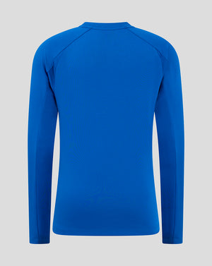 Back view of blue Rangers Junior Home Long Sleeve shirt showing solid blue back and raglan shoulder seams