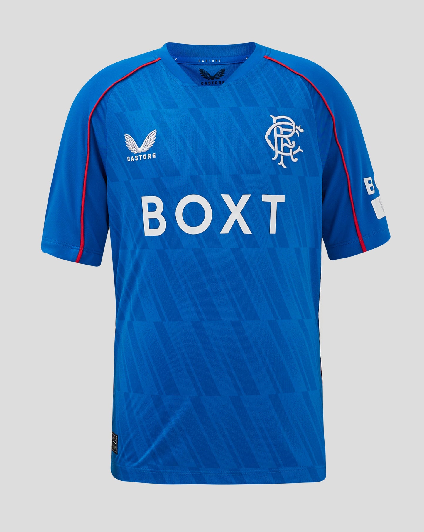 Junior Rangers 24/25 home shirt front view in blue with diagonal pattern, crest left chest and BOXT sponsor.