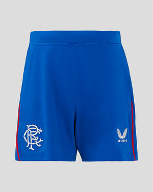 Junior blue Rangers 24/25 home alternate shorts with white crest on left leg Castore logo on right leg and red piping along the sides