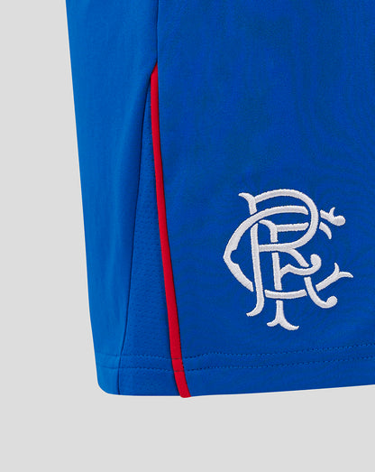 Close up of blue shorts showing side red piping and embroidered Rangers crest