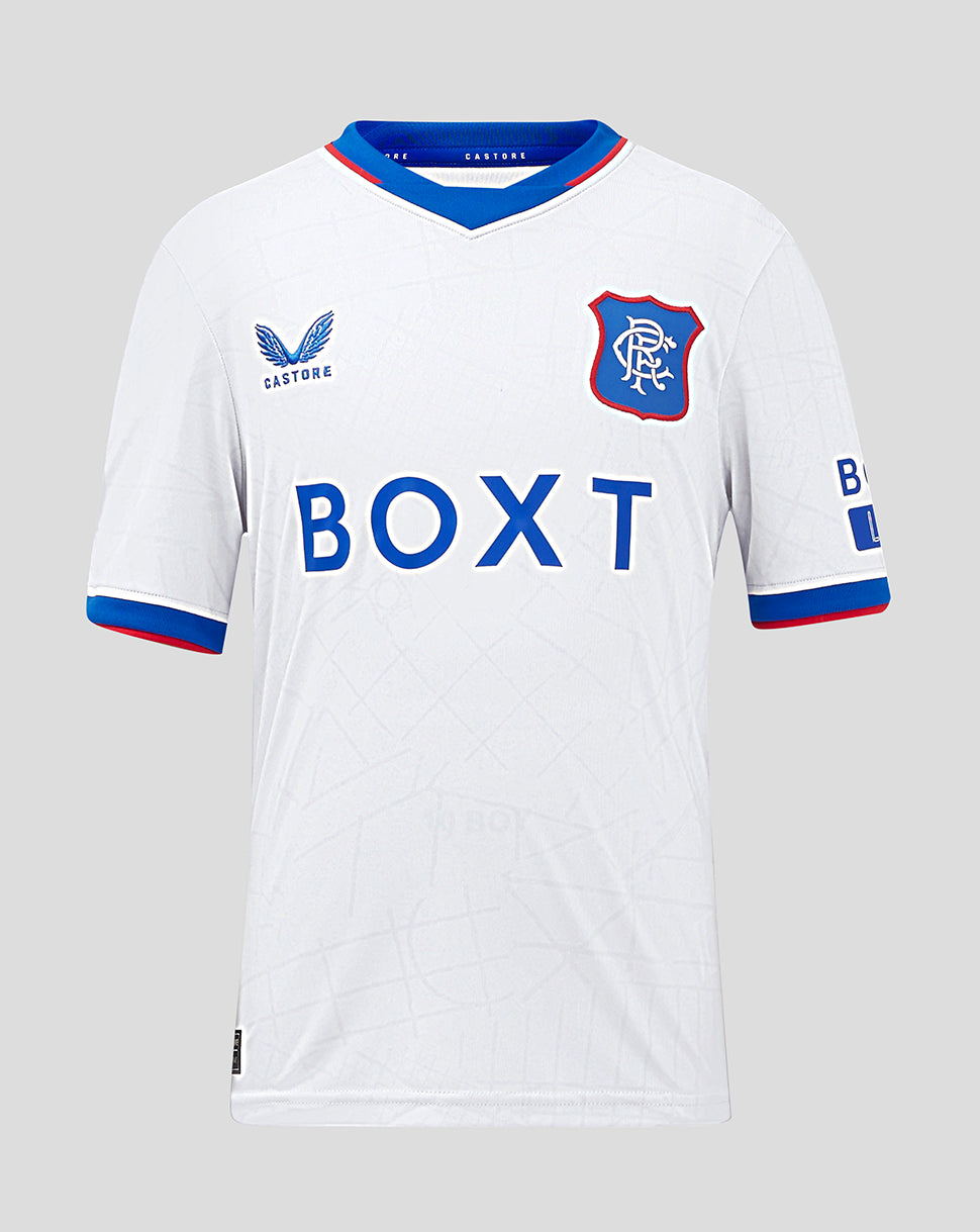 Front view of Rangers Junior 24/25 Away Shirt in white with blue crest, BOXT sponsor and blue V-neck collar.