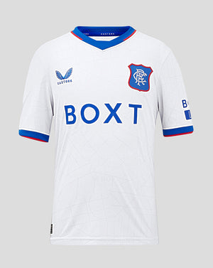 Front view of Rangers Junior 24/25 Away Shirt in white with blue crest, BOXT sponsor and blue V-neck collar.