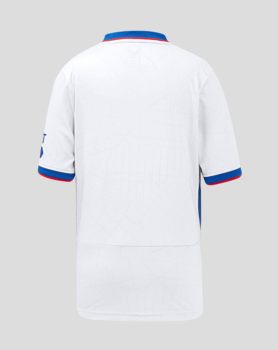 Rangers Junior Away Shirt back view with white fabric subtle pattern and blue collar with red trim