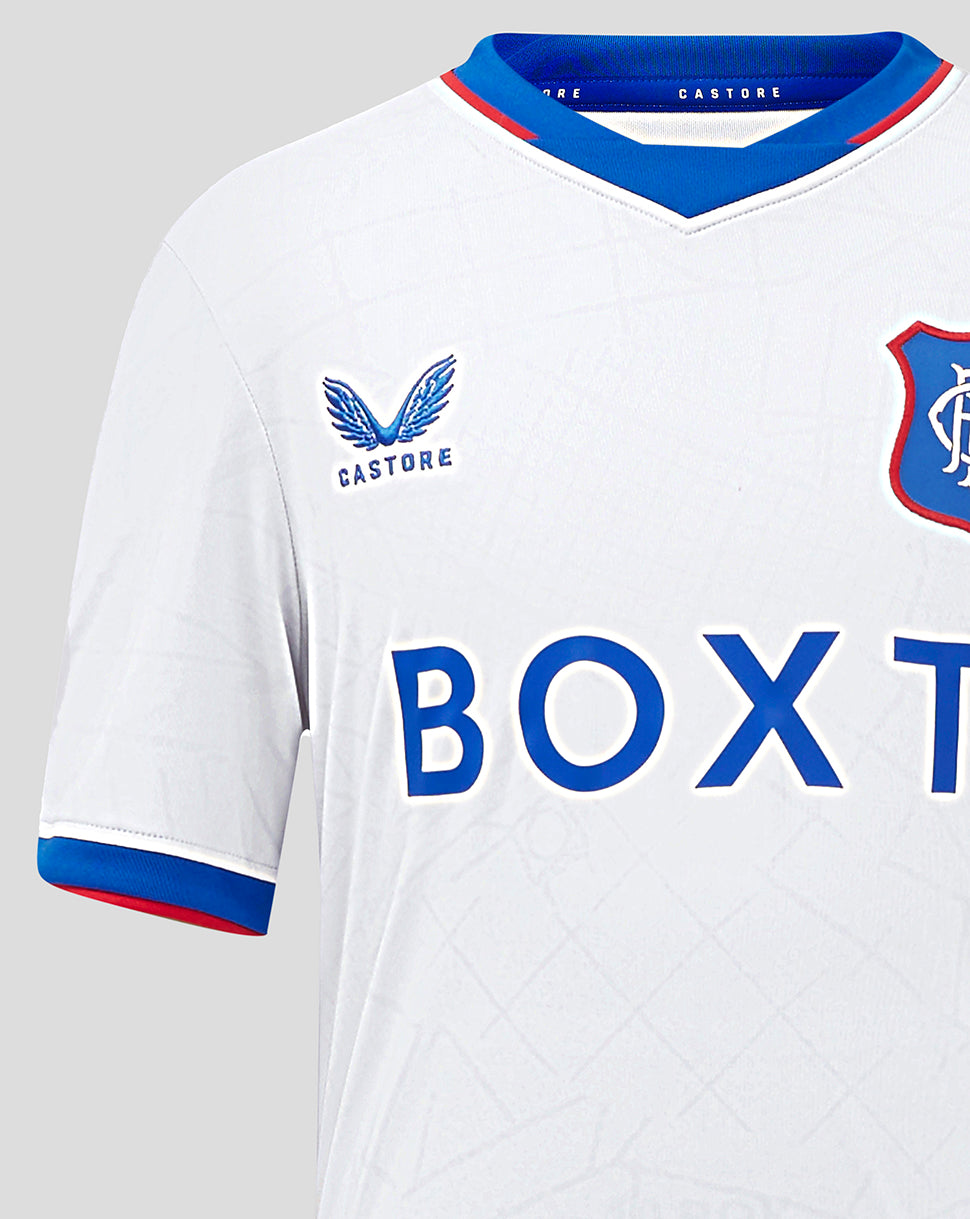 Close-up of Rangers Away Shirt chest featuring blue crest and large BOXT sponsor text across the front.