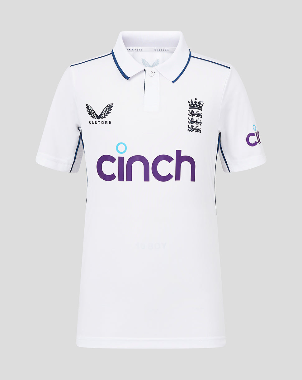 Infant white England cricket Test Short Sleeve Shirt with polo collar navy piping and England crest on chest.
