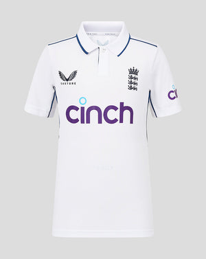 Infant white England cricket Test Short Sleeve Shirt with polo collar navy piping and England crest on chest.