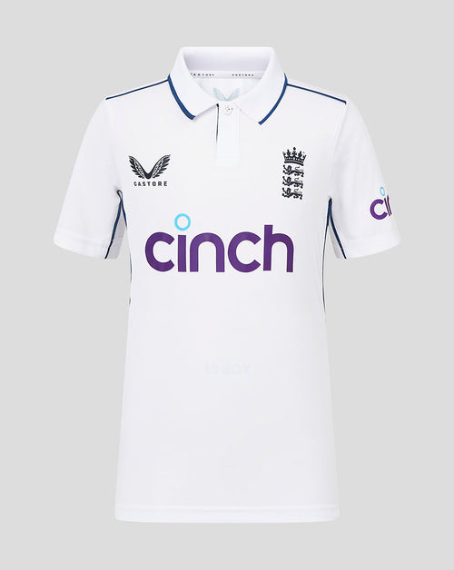 Infant white England cricket Test Short Sleeve Shirt with polo collar navy piping and England crest on chest.