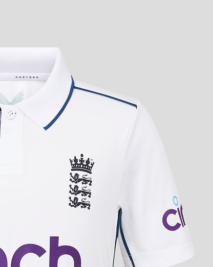 White infant England Test shirt with left chest crest and blue tipped collar.