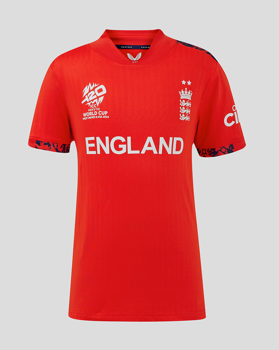 Front view of red England Junior World Cup edition shirt with crest on chest and Castore branding.
