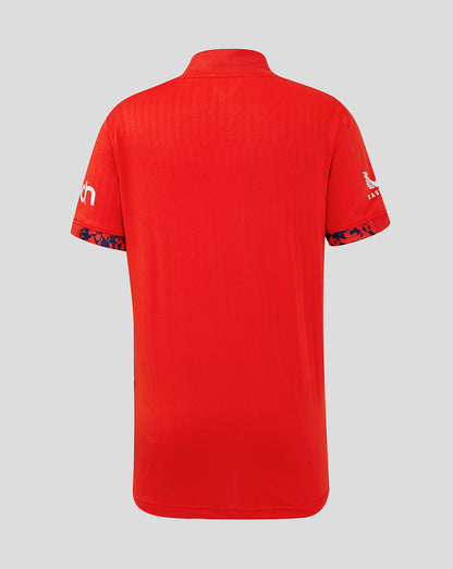 Back view of red junior England World Cup T20 shirt with navy camo patterned sleeve cuffs.