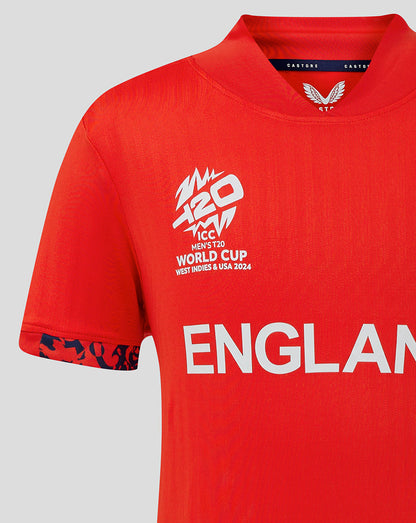 Junior red England World Cup T20 shirt with large ENGLAND across the chest, England crest left chest and Castore branding right chest.