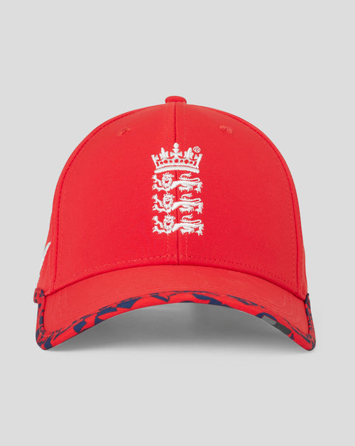 Junior England 24/25 T20 cap in fiery red with England crest on front and printed piping along crown