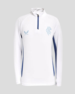 Front view of white Rangers junior 1/4 zip training top with blue zipper and side panels, featuring the Rangers crest.