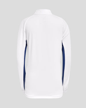 Back view of white Rangers junior training top with blue side panels.