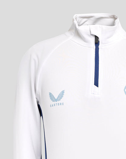 Close up of chest area showing blue zip on a white Rangers junior training top and Castore logo.