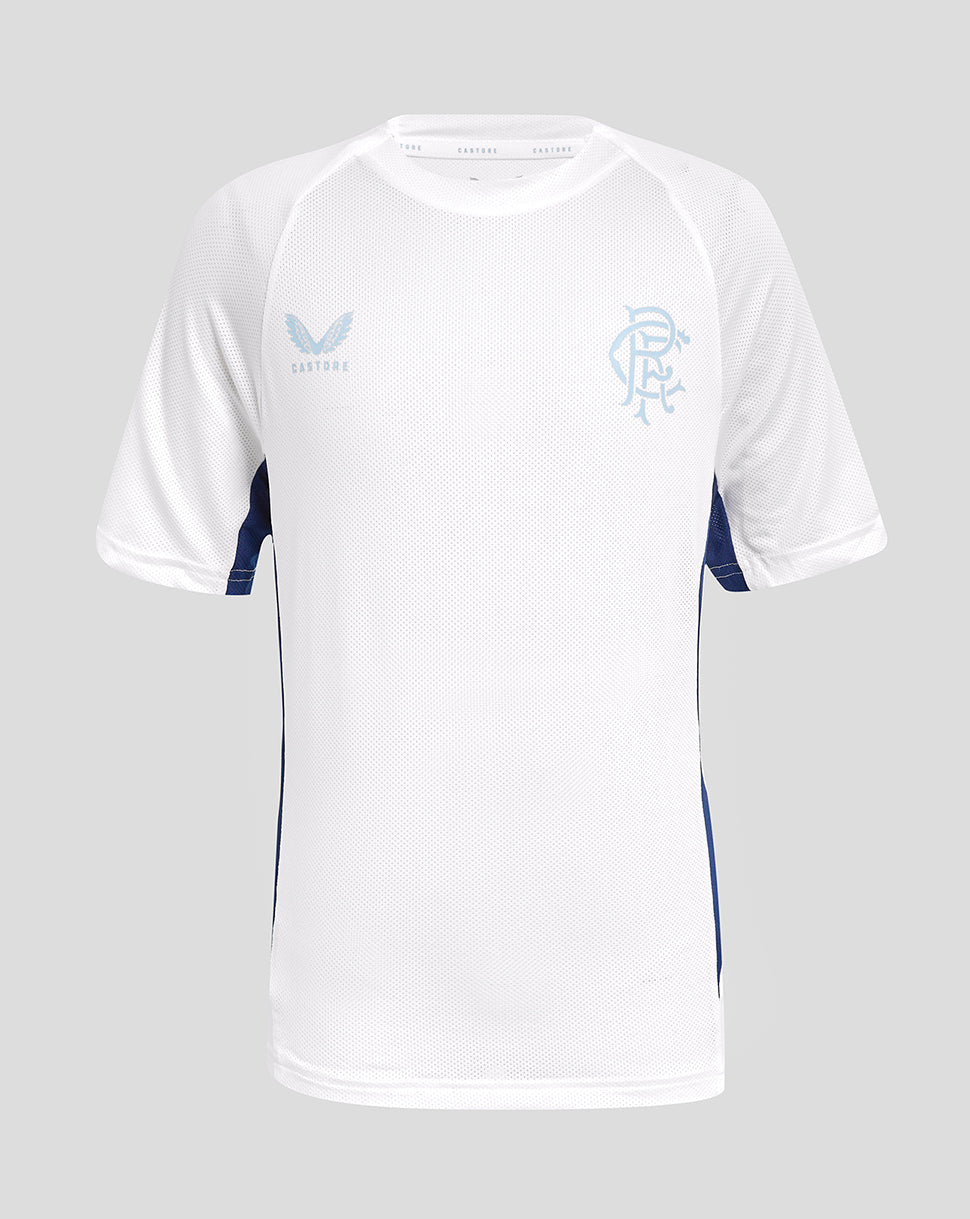 Rangers 24/25 Junior Pro Players Training Short Sleeve Tee white with light blue crest on chest and blue side panels