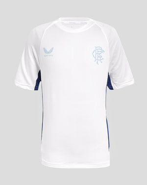 Rangers 24/25 Junior Pro Players Training Short Sleeve Tee white with light blue crest on chest and blue side panels