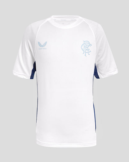 Rangers 24/25 Junior Pro Players Training Short Sleeve Tee white with light blue crest on chest and blue side panels